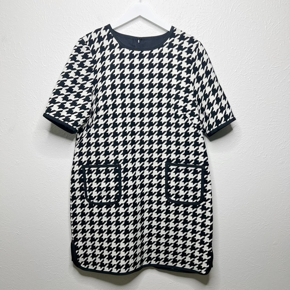 WORTH Houndstooth Wool Flannel Short Sleeve Shift Dress Mod Dark Academia Sz 16